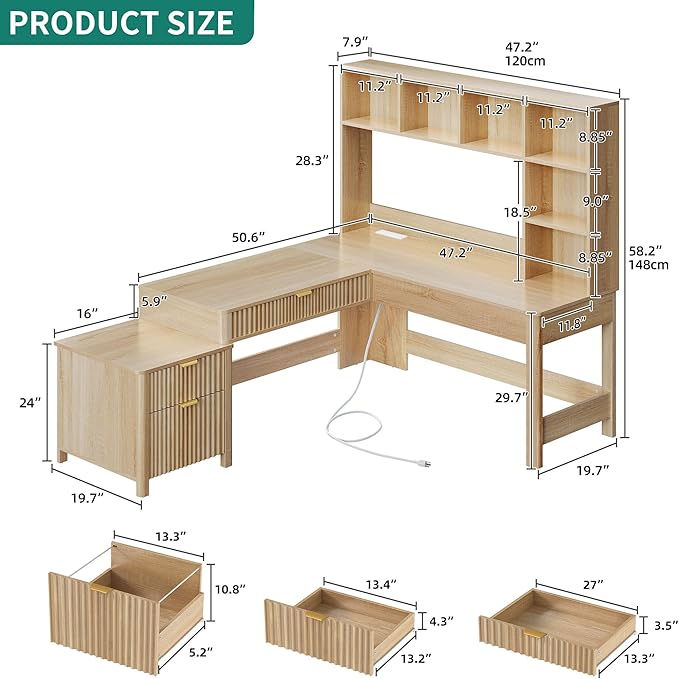 YITAHOME L Shaped Desk with Hutch and Drawers, 67" Computer Desk Gaming Desk with Power Outlets & LED Lights, Wood Home Office Desk with Printer Stand, Fluted Sturdy Writing Workstation, Natural Oak