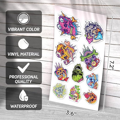 Psychedelic Skull and Trippy Mushroom Artwork 50pcs Stickers Pack Vinyl for Laptop Skateboard Guitar Water Bottle Helmet Decoration Wall Bike Hat Hard Phone Case Car Bottles