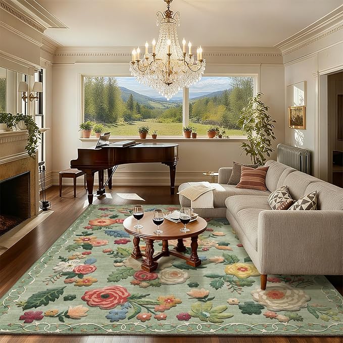 9x12 Area Rug Washable Rugs: Large Living Room Rug Stain Resistant Non Slip Distressed Vintage Floral Rug Low Pile Faux Wool Soft Green Rugs for Bedroom Farmhouse Dining Room Kids Playroom Nursery