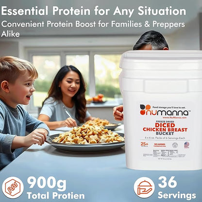 NuManna Freeze-Dried Diced Chicken Breast Bucket 36 Servings | Over 25g Protein per Serving for Daily Meal Prep, Emergency & Survival Food | Non-GMO, Resealable | 25+ Year Shelf Life | Made in USA