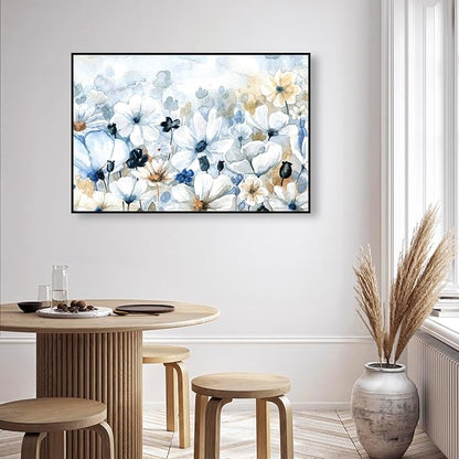 The Oliver Gal Artist Co. Floral and Botanical Wall Art Framed Canvas Prints 'Fields Flowers Home Décor, 45" x 30", Blue, White