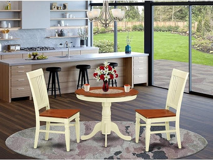 East West Furniture ANWE3-BMK-W 3 Piece Dining Room Table Set Contains a Round Kitchen Table with Pedestal and 2 Dining Chairs, 36x36 Inch, Buttermilk & Cherry