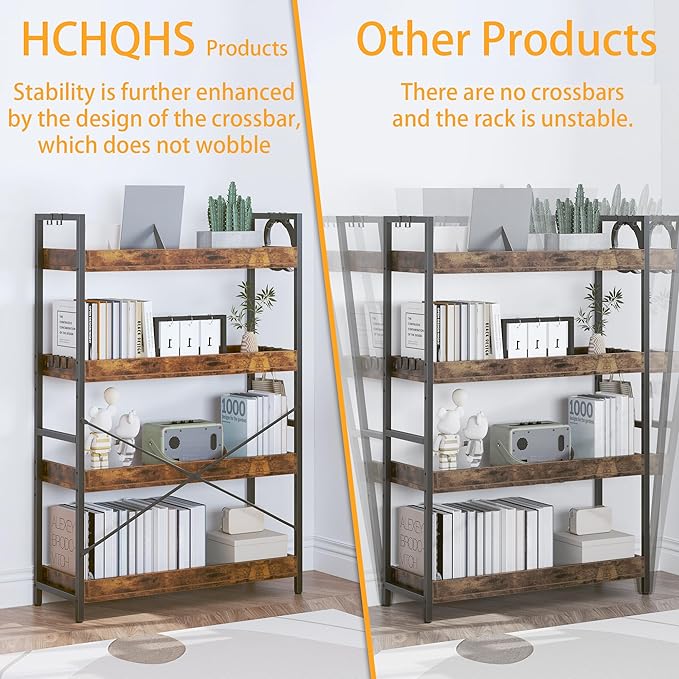 HCHQHS 4 Tier Bookshelf, Adjustable Industrial Bookcase, Vertical Tall Book Shelf, Wood and Black Metal Open Bookshelves for Home Office, Living Room, Bedroom
