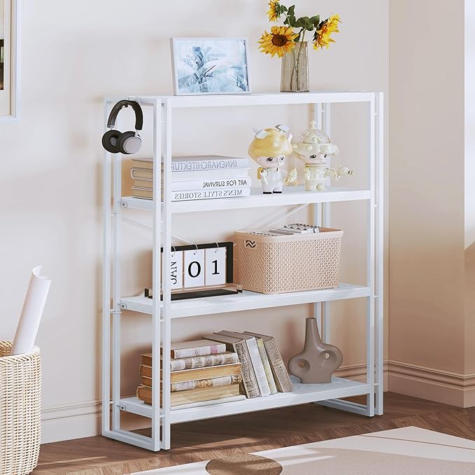 HCHQHS Bookshelf, 4-Tier Industrial Bookcase, White Open Book Shelf, Freestanding Tall Bookshelves with Metal Frame
