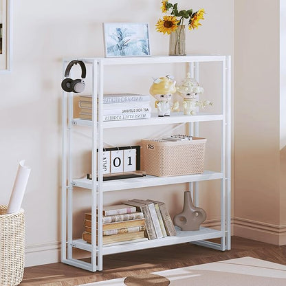 HCHQHS Bookshelf, 4-Tier Industrial Bookcase, White Open Book Shelf, Freestanding Tall Bookshelves with Metal Frame