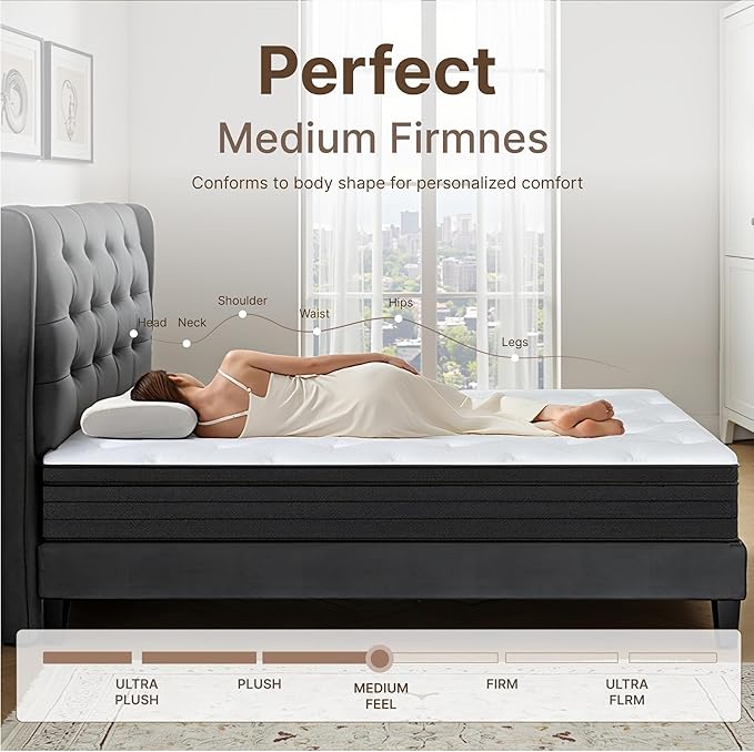 Twin Size Mattress, 10 Inch 5-Zone Pocket Spring Hybrid Mattress with Gel Memory Foam for Pressure Relief & Peaceful Sleep, Medium Firm, Mattress in a Box