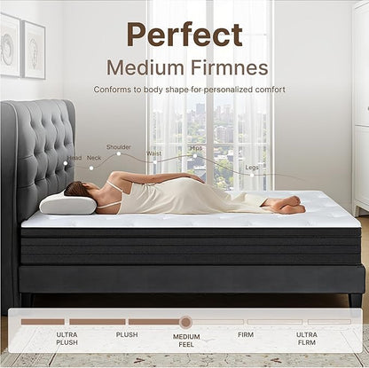 King Size Mattress, 10 Inch 5-Zone Pocket Spring Hybrid Mattress with Gel Memory Foam for Pressure Relief & Peaceful Sleep, Medium Firm, Mattress in a Box