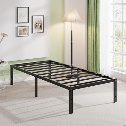 EMODA 18 Inch Twin Bed Frame No Box Spring Needed, Heavy Duty Tall Metal Twin Platform Bed Frames with Large Storage Space, Noise Free, Easy Assembly, Black