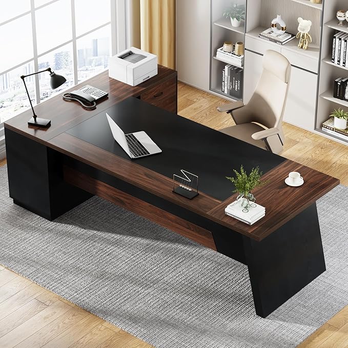Tribesigns 78" L-Shaped Executive Desk, Large Office Desk with Drawers and Lateral File Cabinet, Business Furniture with Storage Shelves, Modern Computer Desk for Home Office, Walnut & Black