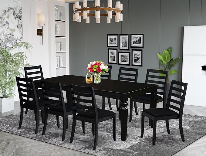 East West Furniture LGX19-BLK-24 -9 Piece Dining Set Includes a Rectangular Kitchen Table with Black Tabletop and 8 Stackable Polyester Fabric Chairs, Black