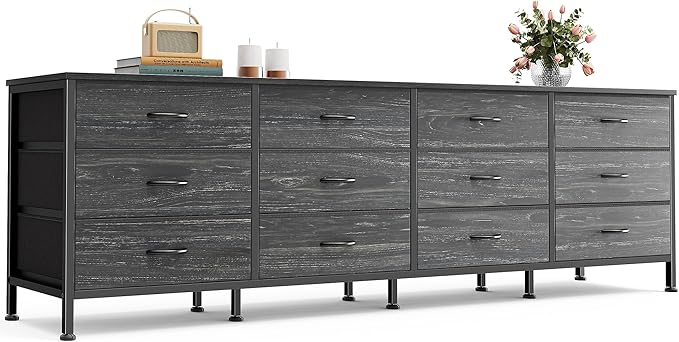Huuger 70 Inch Dresser for Bedroom, TV Stand for 65, 75, 80 Inch TV,12 Fabric Drawer Long Dresser, Large Storage Organizer Unit, Chest of Drawer for Bedroom, Charcoal Black Wood Grain Print