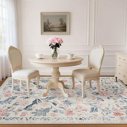 5x7 Area Rugs Washable Rug: Lagre Boho Living Room Rug Soft Non-Slip Thin Carpet Indoor Floor Non-Shedding Neutral Floral Carpets for Bedroom Dining Room Farmhouse Nursery Multi