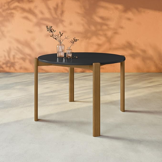Manhattan Comfort Gales 46-Inch Mid Century Modern Round Dining Table for 2-4 Person, Minimalist Home Furniture with Solid Eucalyptus Wood Legs, Matte Black