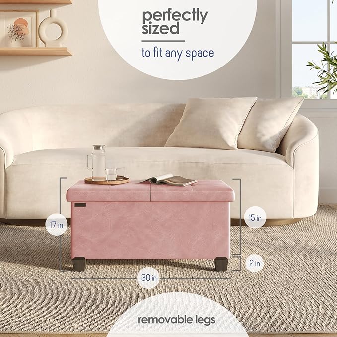STORAGEBUD Storage Ottoman Bench with Bins, 30-in Storage Bench for Bedroom End of Bed, Folding Foot Rest Ottoman for Living Room Max 660lbs, Faux Leather Ottomans, Pink