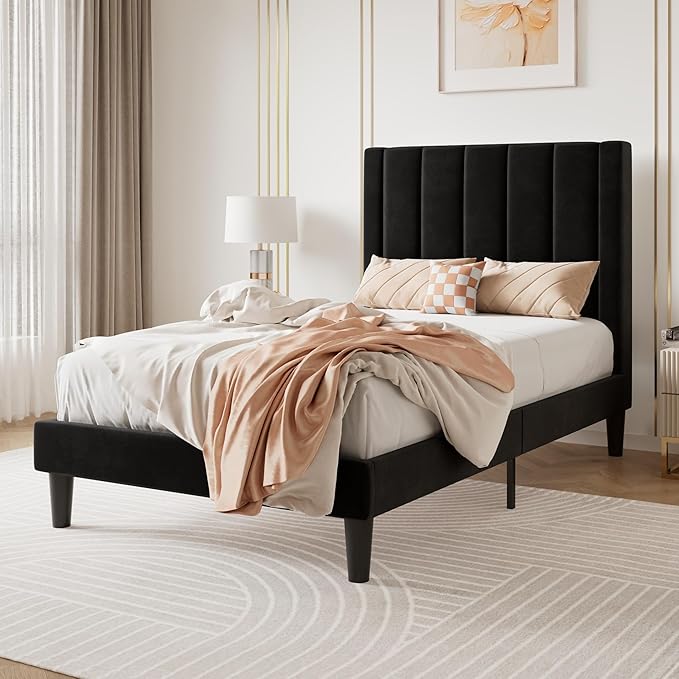 SHA CERLIN Twin Bed Frame/Velvet Upholstered Platform Bed Frame with Headboard/Strong Wood Slats Support/Mattress Foundation/No Box Spring Needed - Black