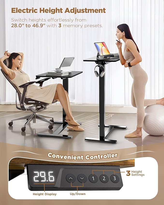 Electric Adjustable Height Standing Desk - Small Sit Stand Portable Rolling Laptop Table with Hidden Wheels, Small Computer Workstation for Bedside & Home Office Use (24"x16", Black)
