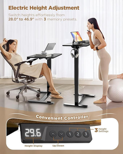 Electric Adjustable Height Standing Desk - Small Sit Stand Portable Rolling Laptop Table with Hidden Wheels, Small Computer Workstation for Bedside & Home Office Use (24"x16", Black)