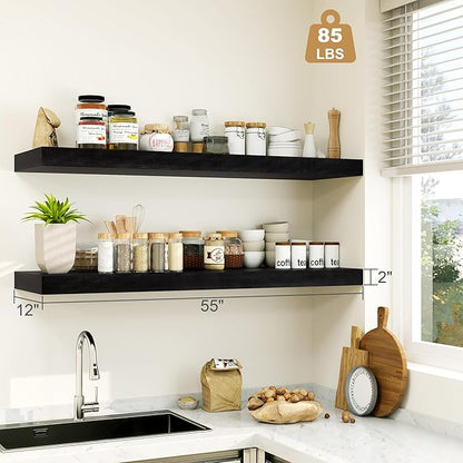 Heimlove 12 Inch Deep Floating Shelves, 55 x 12 inch Extra Long Floating Shelves for Wall, Large Display Shelf & Storage Shelf for Living Room Bedroom Kitchen Home Office, Set of 1, Black