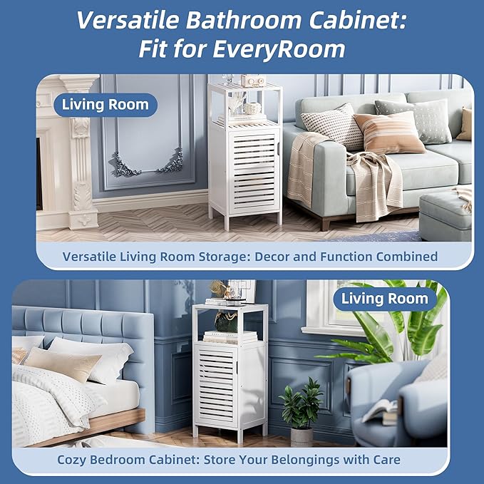 HITNET Bamboo Bathroom Storage Cabinet, 4 Tier Small White Floor Cabinet with Single Door, Free Standing Slim Narrow Storage Organizer for Bedroom Living Room