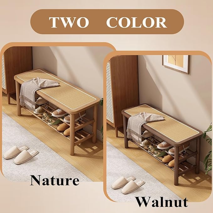 Bamboo Shoe Rack Bench with Rattan Seat, 3-Tier Shoe Storage Bench, Entryway Bench for Hallway，Nature-31.5 inches