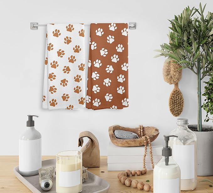 Orange Dish Towels and Hand Towels Set of 2, Cute Dog Paw Print Kitchen and Bath Towels, Dog Gifts, 16×24 Inch