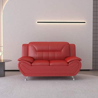 Container Furniture Direct Michael Modern Faux Leather Upholstered Stainless Steel Legs Living Room Sofa, Loveseat, Persian Red