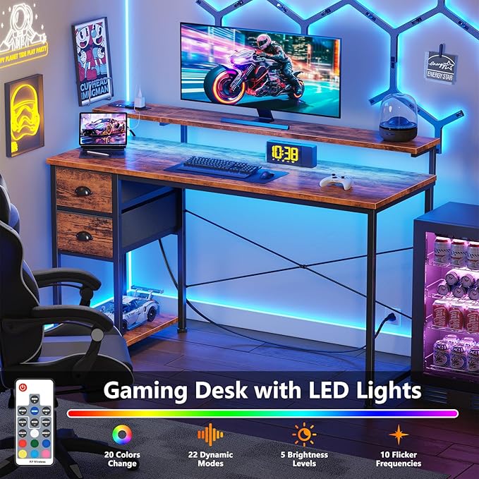 55 Inch Computer Desk with Power Outlets & LED Lights, Home Office Desk with Storage Drawers and Monitor Stand, Writing Work Study Desk for Bedroom Living Room
