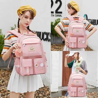 Hidds School Backpack for Teen Girls Women College Laptop Backpacks Kids Cute Bookbag Set with Lunch Box Pencil Case Elementary Middle High Campus Bag 3 Pcs Students Bookbags Sets Travel Daypack-Pink