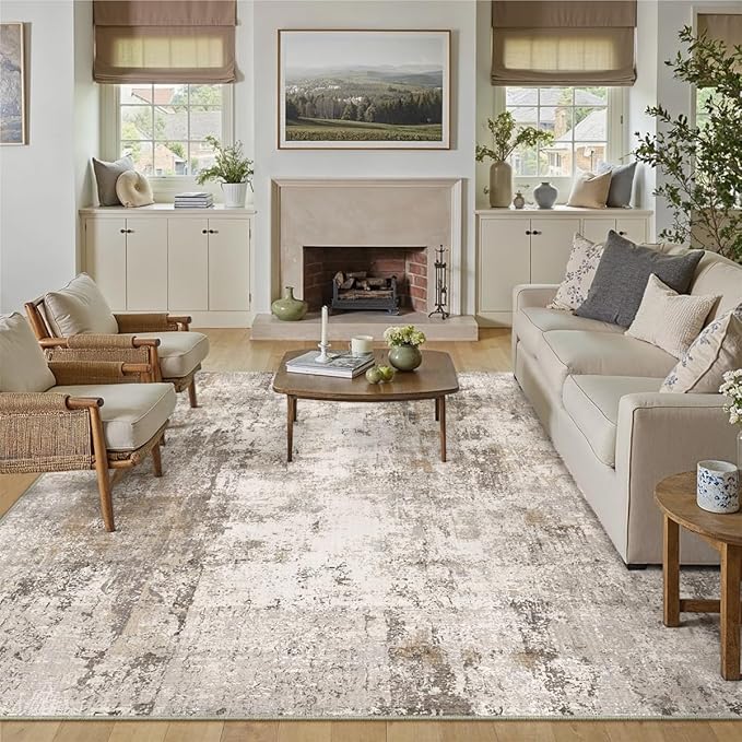 10x12 Washable Area Rug Brown Grey Abstract Neutral Living Room Bedroom Large Throw Rug Non Slip Soft Distressed Low Pile Indoor Floor Carpet for Kitchen Office Entryway