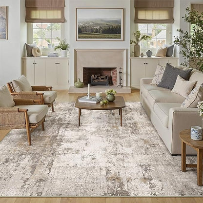 12x15 Washable Area Rug Brown Grey Abstract Neutral Living Room Bedroom Large Throw Rug Non Slip Soft Distressed Low Pile Indoor Floor Carpet for Kitchen Office Entryway