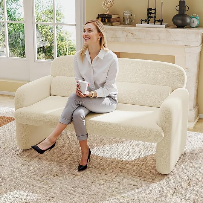 Furnimart Modern Loveseat Sofa, 54" 2-Seater Boucle Sofa, Comfy Upholstered Minimalist Couch, Small Couches for Small Spaces, Apartment, Office, Living Room, Bedroom, Dorm, Chenille White