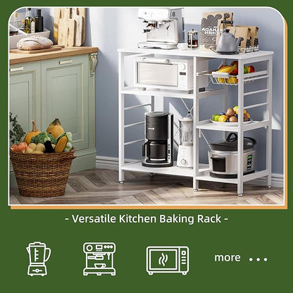 Baker’s Rack, Microwave Oven Stand with Bamboo Frame, 35.43" Coffee Bar with Wire Basket & 6 Hooks, 3-Tier Kitchen Storage Shelf Stand for Kitchen, Living Room, Office, White