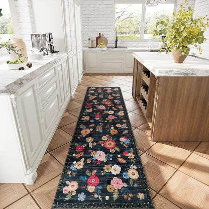 Machine Washable Rug Runners for Hallways: 2x10 Kitchen Rugs Stain Resistant Non Slip Floor Rug with Rubber Backing Soft Floral Carpet Runners for Kitchen Entryway Bedroom Laundry Farmhouse