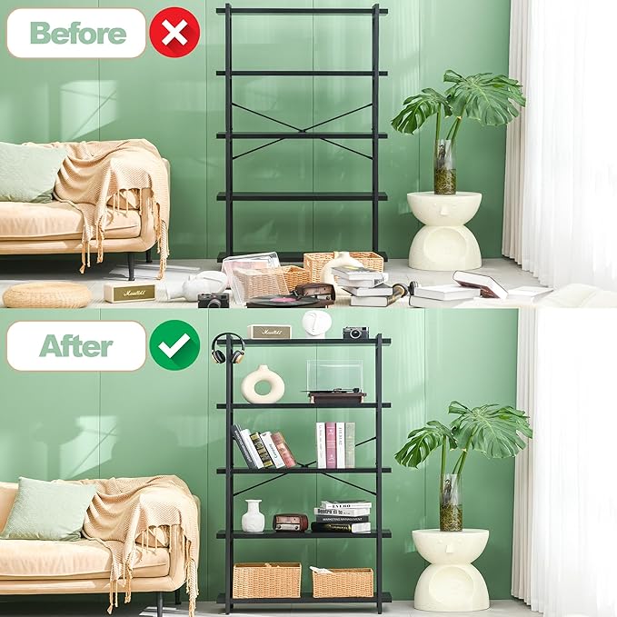 HCHQHS Bookshelf, 5-Tier Industrial Bookcase, Black Open Book Shelf, Freestanding Tall Bookshelves with Metal Frame
