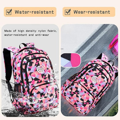 3Pcs Geometric Print Kids Backpack Set for Girls with Lunchbag, Purple Girls Backpack Elementary Middle School Bag Bookbag