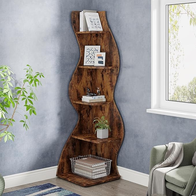 Tribesigns Corner Shelf, Rustic 5-Tier Wall Corner Bookshelf, Stylish Corner Small Bookcase Storage Rack Plant Stand with Unique Shape for Living Room, Home Office (1PC, Brown)