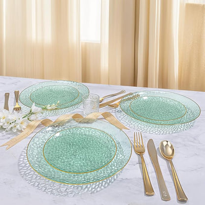 DaYammi 100PCS Green and Gold Plastic Plates - 10 inch Clear Green Gold Dinner Plates - Hammer Pattern Design - Fancy Disposable Platos - Heavy-Duty Party Platos Ideal for Wedding