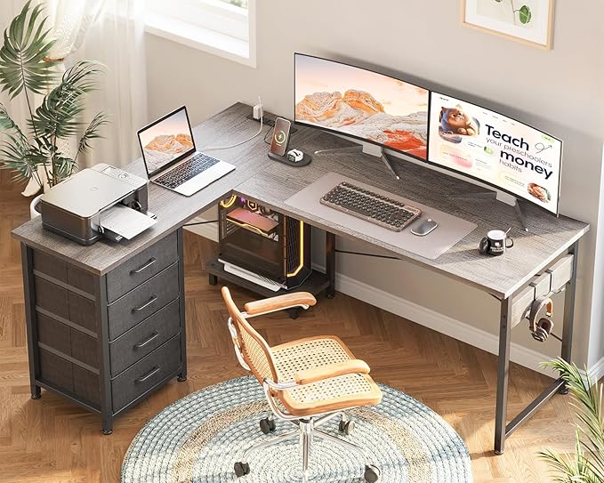 AODK L Shaped Desk with 4 Tier Drawers, 53" Reversible Gaming Desk with Power Outlets, L Shaped Computer Desk with USB Charging Port and Host Stand, Home Office Corner Desk, Easy to Assemble, Grey Oak