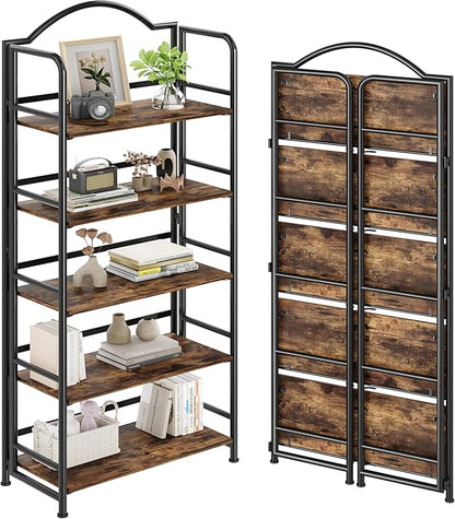 No-Assembly Folding Bookshelf Storage Shelves 5 Tiers Vintage Multifunctional Plant Flower Stand Storage Rack Shelves Bookcase for Home Office