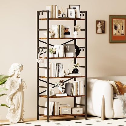 6 Tier Bookshelf, Industrial Bookcase with 8 Hooks, Vintage Storage Rack with Open Shelves, Rustic Standing Bookshelves Metal Frame Display Rack for Living Room, Bedroom, Rustic Brown