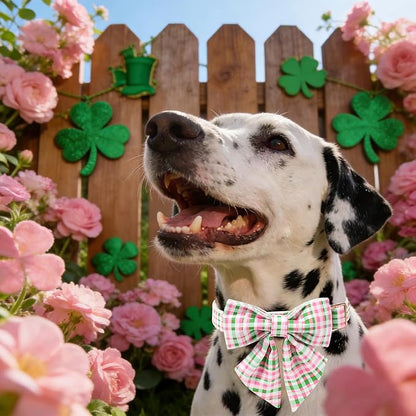 Maca Bates St. Patrick's Day Irish Plaid Dog Collar with Sailor Bow Tie,Cherry Pink Green Gingham Pattern for Large Girl Boy Dogs,Adjustable Durable Soft Collars Gift for Male Female Puppy