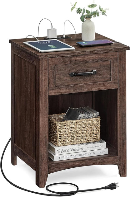 VASAGLE LIRY Collection - Farmhouse Nightstand with Charging Station, Bedside Table, Side Table with Drawer, Open Compartment, for Bedroom, Maroon Brown ULET659K51