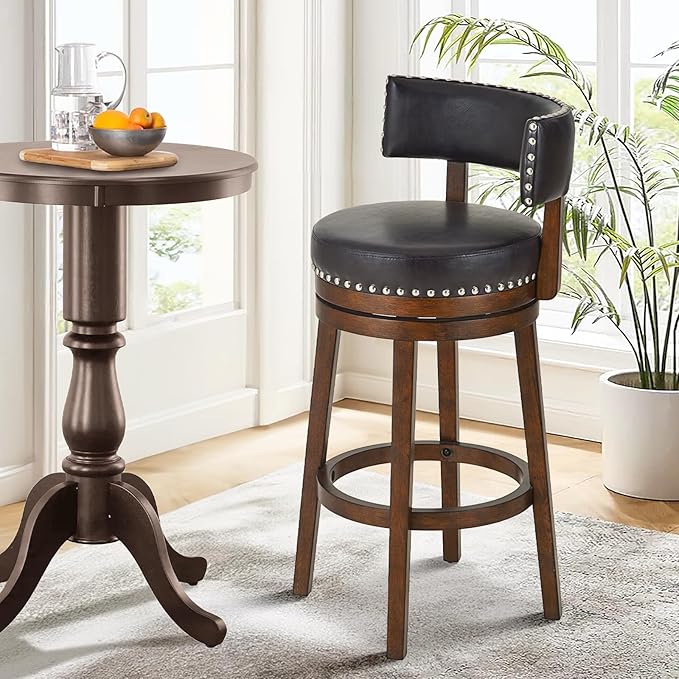 COLAMY Swivel Bar Stool, Swivel Bar Height Bar Stool, Modern Swivel Barstool with Back, Upholstered Wood Barstool for Kitchen Island Dining Room Bar, Dark Brown, FM-4840-30-DarkBrown-L