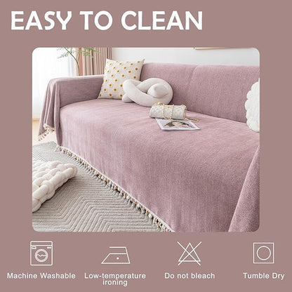 HANDONTIME Solid Boho Sofa Cover for 3 Cushion Couch - Pink-Purple Chenille Throw With Tassels for Dogs, 91" X 150" - Mauve