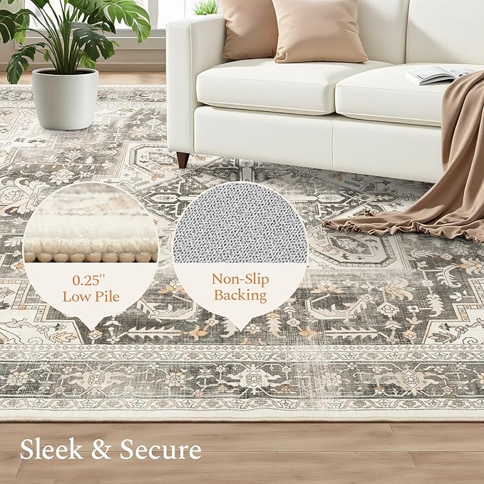 Rugflix 6x9 Area Rugs for Living Room, Machine Washable Rug Non Slip Stain Resistance, Large Rug Vintage Distressed Soft Carpet for Bedroom, Dining Room, Home Office, Beige Grey