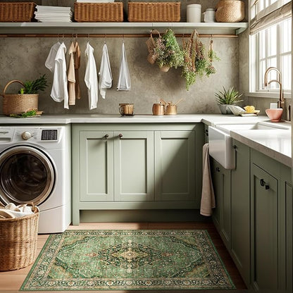 Green Runner Rug 2x4 Rugs Boho Small Washable Runner Rugs for Entryway Bathroom Kitchen, Small Rugs Soft Low Pile Non-Slip Rubber Backing Oriental Door Mat
