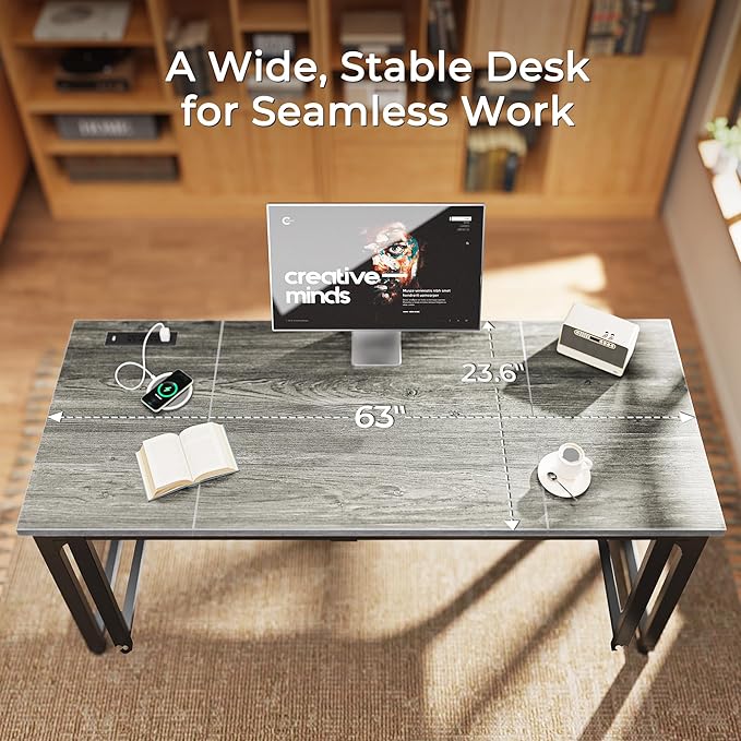 Huuger 63 x 24 inch Desk with Power Outlets & USB-C, Deeper & Thicker Desktop, Robust Metal Tubes, Computer Desk, Heavy Duty Office Desk, Work Gaming Desk, for Home Office, Grey