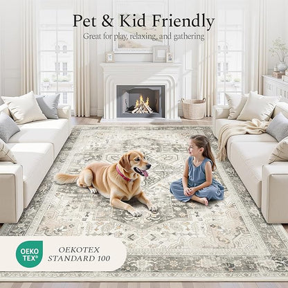 Rugflix 6x9 Area Rugs for Living Room, Machine Washable Rug Non Slip Stain Resistance, Large Rug Vintage Distressed Soft Carpet for Bedroom, Dining Room, Home Office, Beige Grey