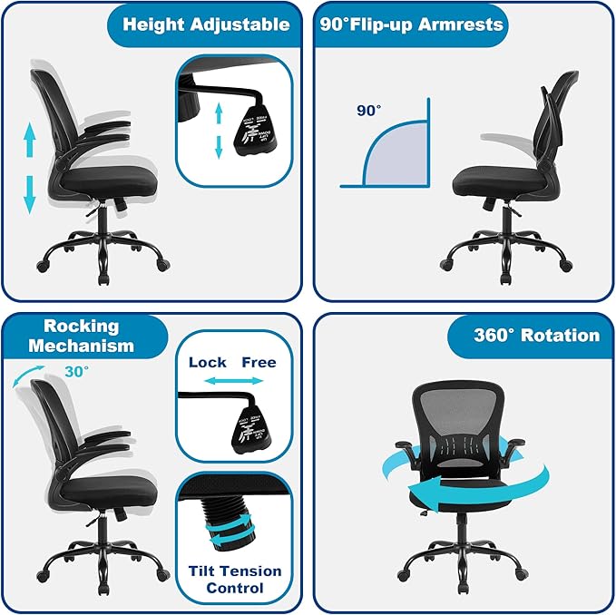 Mesh Office Chair, Ergonomic Home Office Desk Chairs with Flip-up Arms and Lumbar Support, Height Adjustable, Black