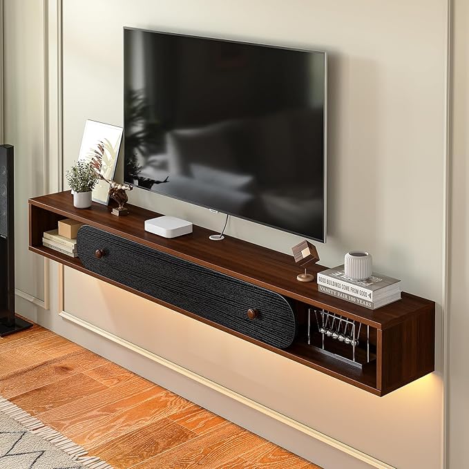 Floating TV Stand Wall Mounted 70'', Modern Media Console with 2 Open Cabinets and 1 Door,Wall Mount TV Console for Living Room Bedroom,Walnut and Black